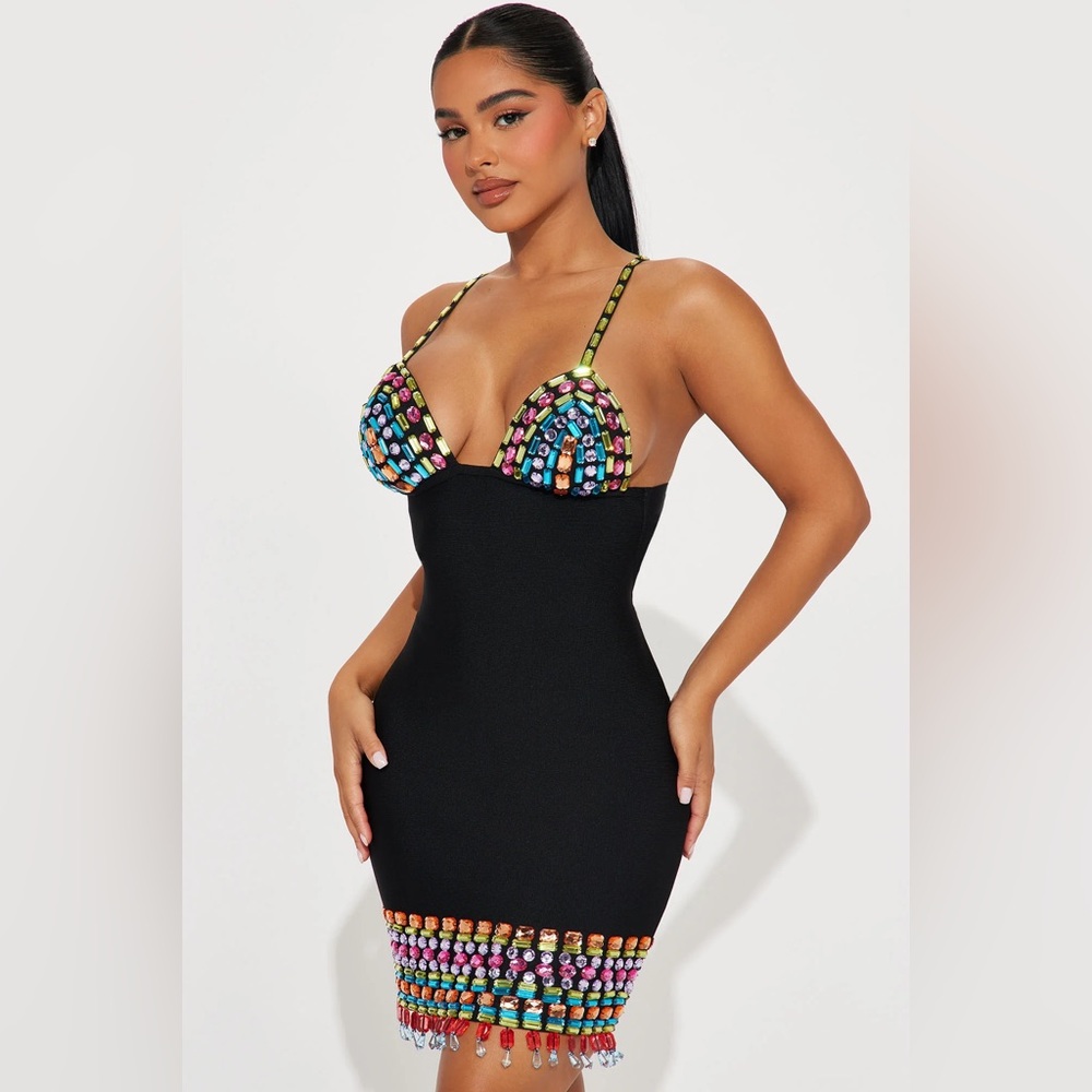Multicolor Embellished Bandage Black Dress